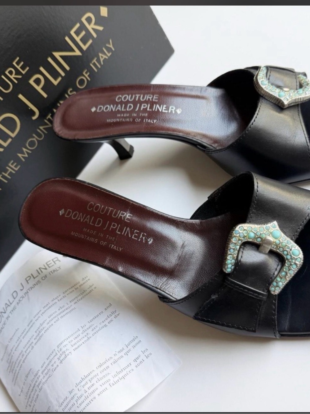 NEW IN BOX VINTAGE Donald J. Pliner Black Leather Mule with Turquoise Buckle 7.5